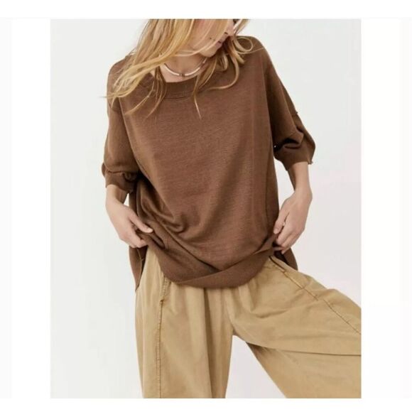 Free People Work From Home Pullover Sweater Top Mushroom - Picture 2 of 9